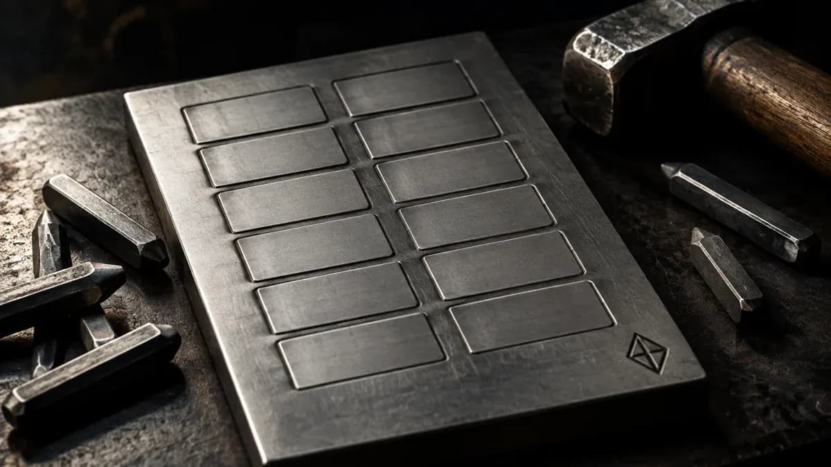 Placa de acero inoxidable mateado con doce campos troquelados vacíos, al lado un martillo de acero y punzones sobre un banco de trabajo oscuro
