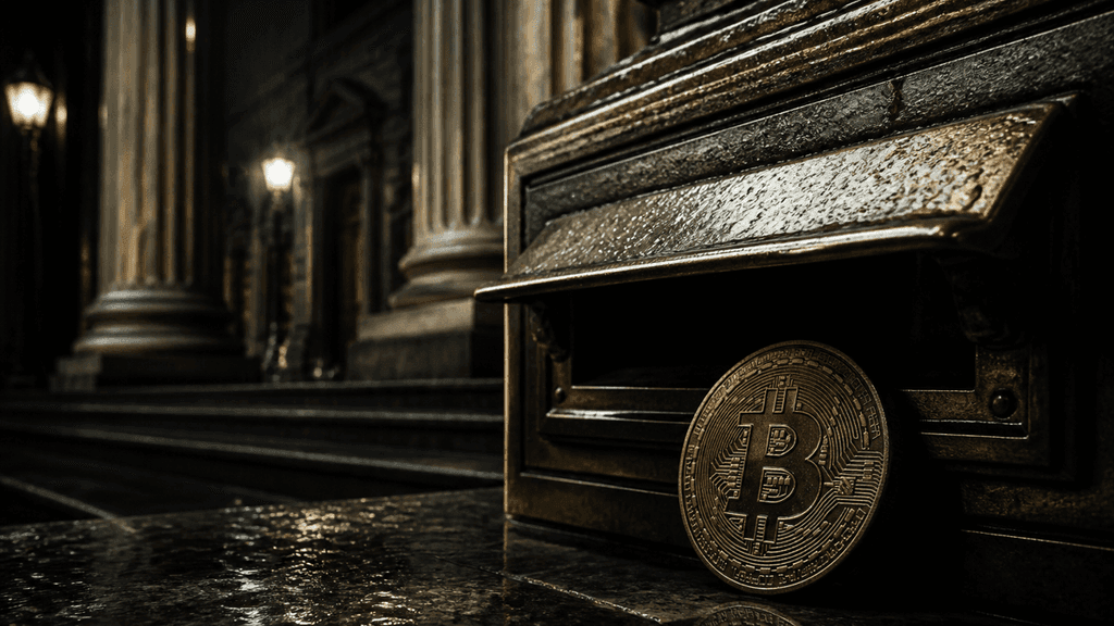 Saeulenportal einer Behoerde bei Nacht mit bronzenem Einwurfschlitz und Bitcoin-Muenze