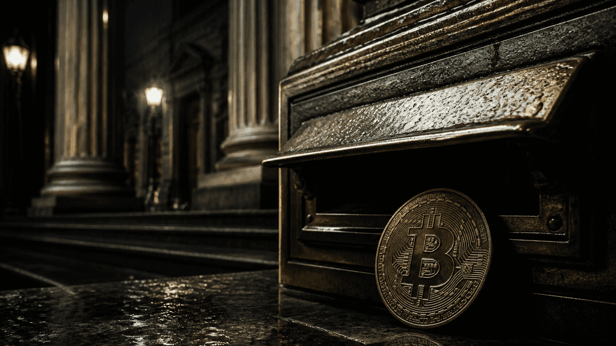 Saeulenportal einer Behoerde bei Nacht mit bronzenem Einwurfschlitz und Bitcoin-Muenze