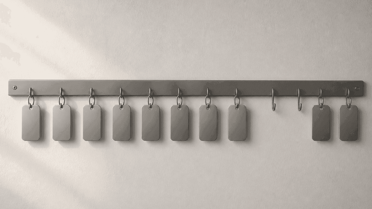Waagerechte Metallschiene an einer hellen Wand mit einer Reihe gleichartiger blanker Metallanhänger an kleinen Haken, zwei Haken in der Reihe sind leer