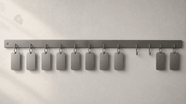 Waagerechte Metallschiene an einer hellen Putzwand mit einer Reihe gleichartiger blanker matter Metallanhaenger an kleinen Haken, zwei Haken in der Reihe sind leer