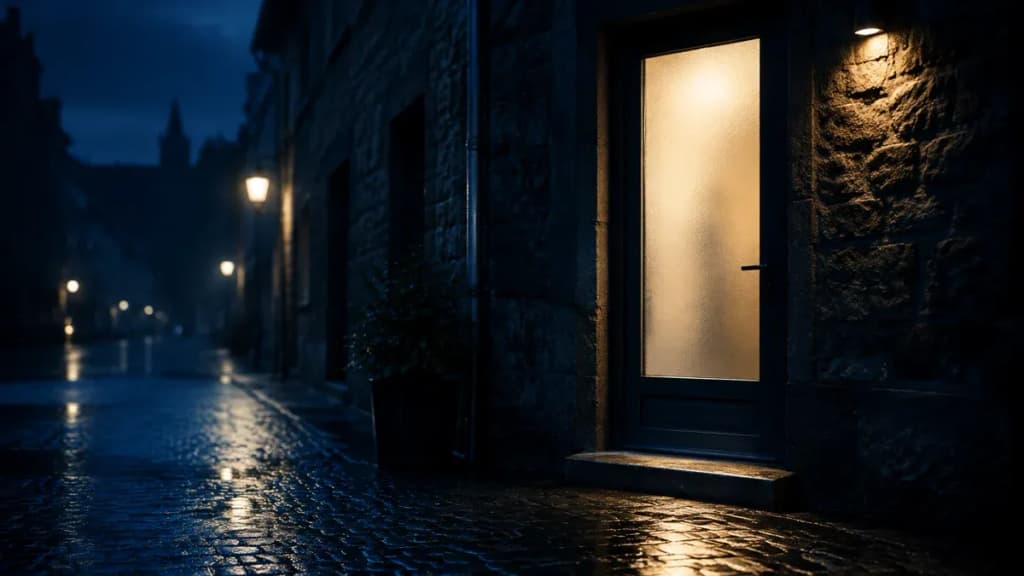Milchglastür, die nachts in einer dunklen Gasse von innen leuchtet, nasses Kopfsteinpflaster