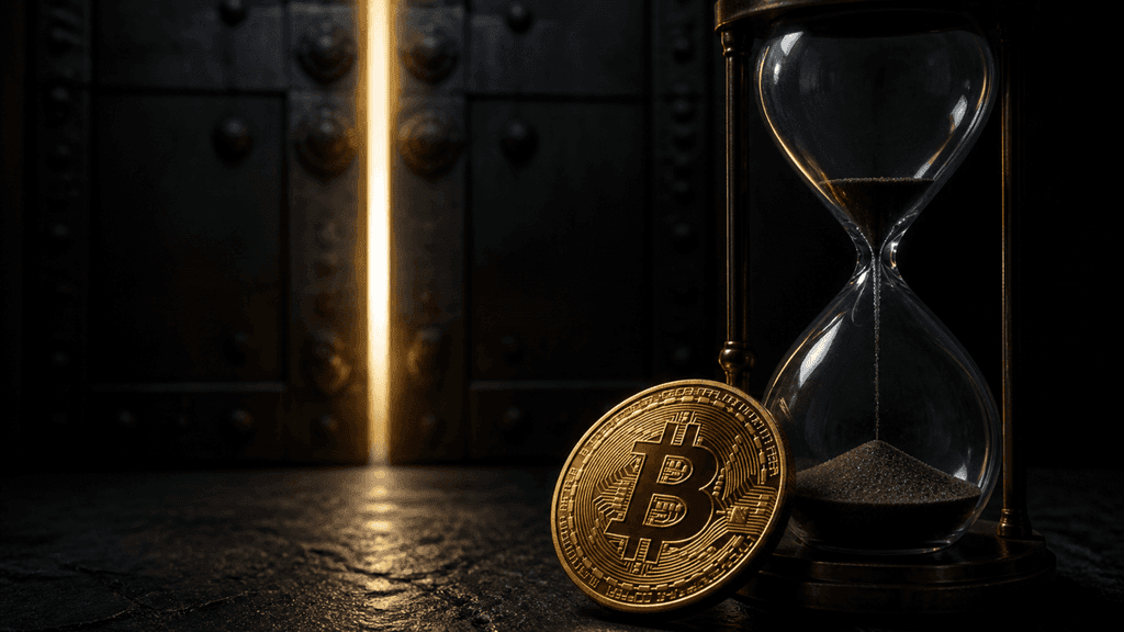 Goldene Münze mit eingeprägtem Bitcoin-Zeichen neben einer fast durchgelaufenen Sanduhr vor einem schweren Metalltor mit schmalem Lichtspalt