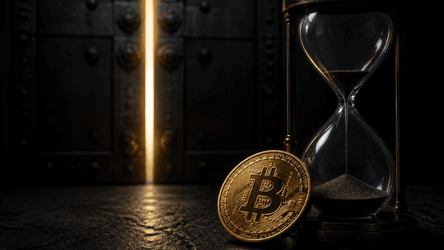 Goldene Münze mit eingeprägtem Bitcoin-Zeichen neben einer fast durchgelaufenen Sanduhr vor einem schweren Metalltor mit schmalem Lichtspalt