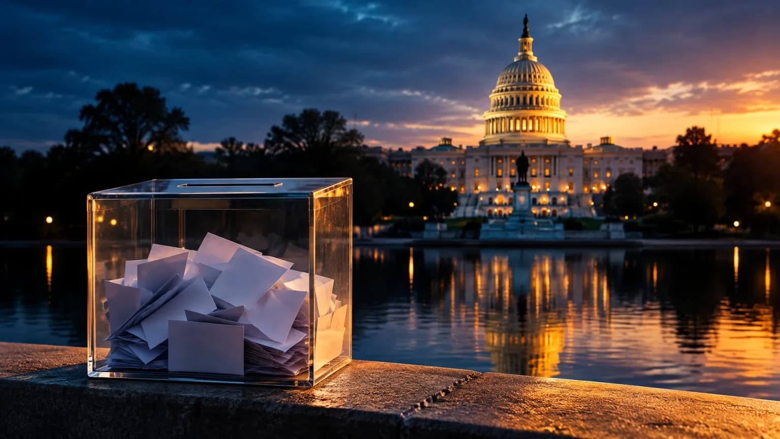 Illustration: the US Capitol at dusk, in the foreground a transparent ballot box with folded ballots