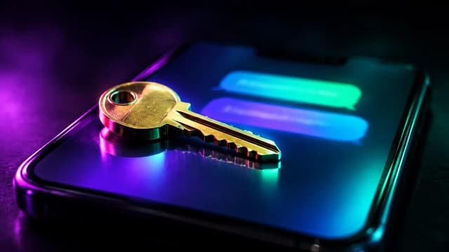 Goldener Hausschlüssel auf einem leuchtenden Smartphone-Bildschirm in violettem Licht