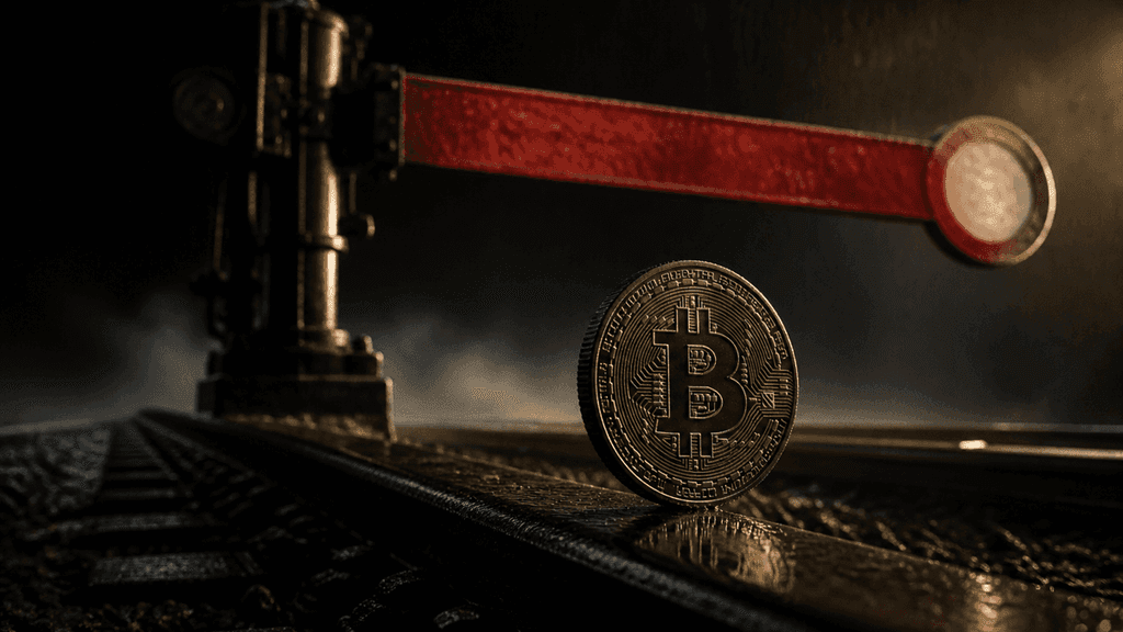 Eiserner Eisenbahn-Signalarm faellt in die Haltstellung ueber einem leeren nassen Gleis, davor steht eine Muenze mit Bitcoin-Zeichen hochkant auf der Schiene