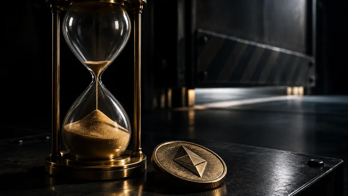 Fast durchgelaufene Sanduhr auf einer Stahlplatte neben einer Münze mit rautenförmigem Symbol, dahinter senkt sich eine Metallklappe