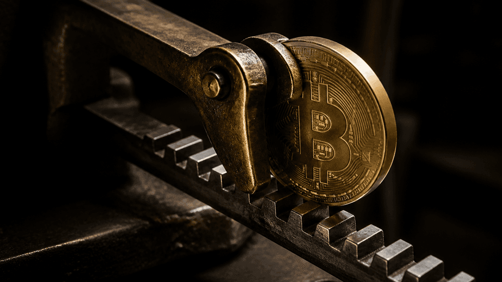 Messing-Sperrklinke auf einer gezahnten Schiene, die eine grosse Muenze mit Bitcoin-Zeichen stufenweise nach unten zieht