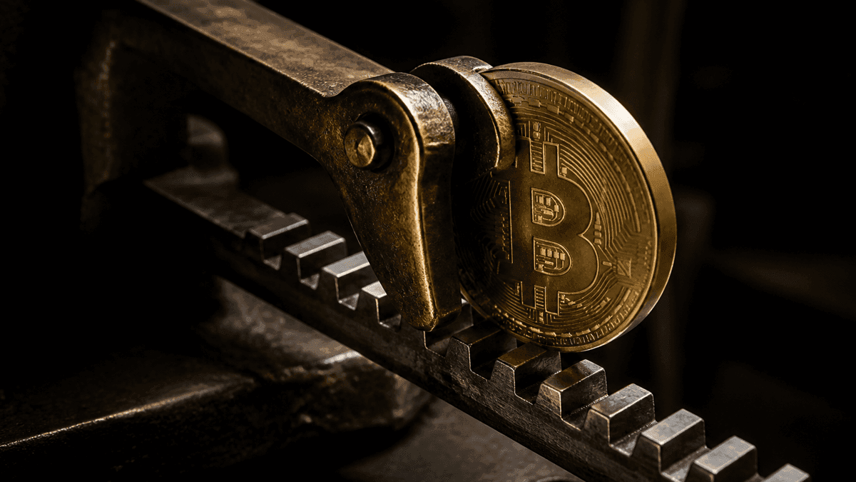 Messing-Sperrklinke auf einer gezahnten Schiene, die eine große Münze mit Bitcoin-Zeichen stufenweise nach unten zieht