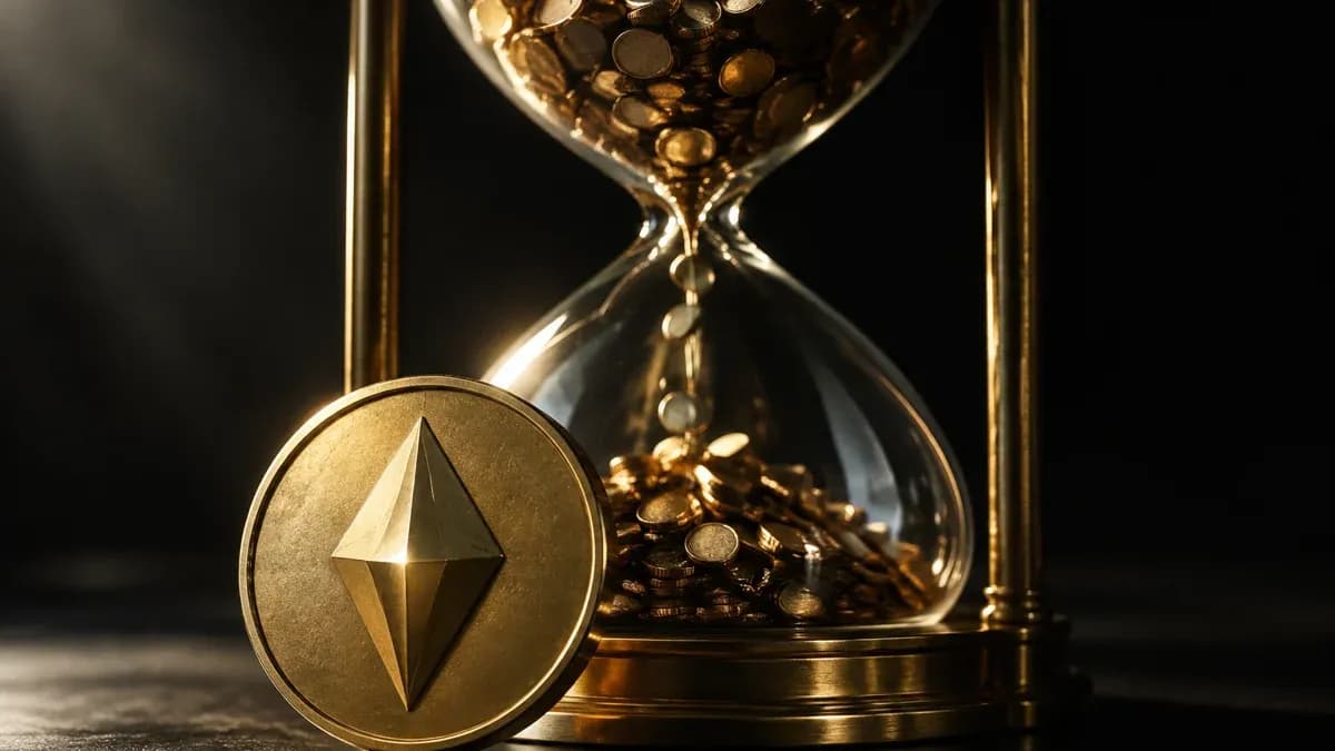 Große Messing-Sanduhr, in deren oberer Kammer sich unzählige winzige Metallmünzen stauen, davor scharf eine schwere Münze mit eingeprägtem Kristall-Symbol