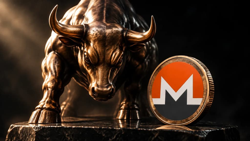Bronzebulle auf einem Steinsockel, daneben aufgerichtet eine schwere Metallmünze mit dem Monero-Zeichen, dramatisches Seitenlicht vor dunklem Grund