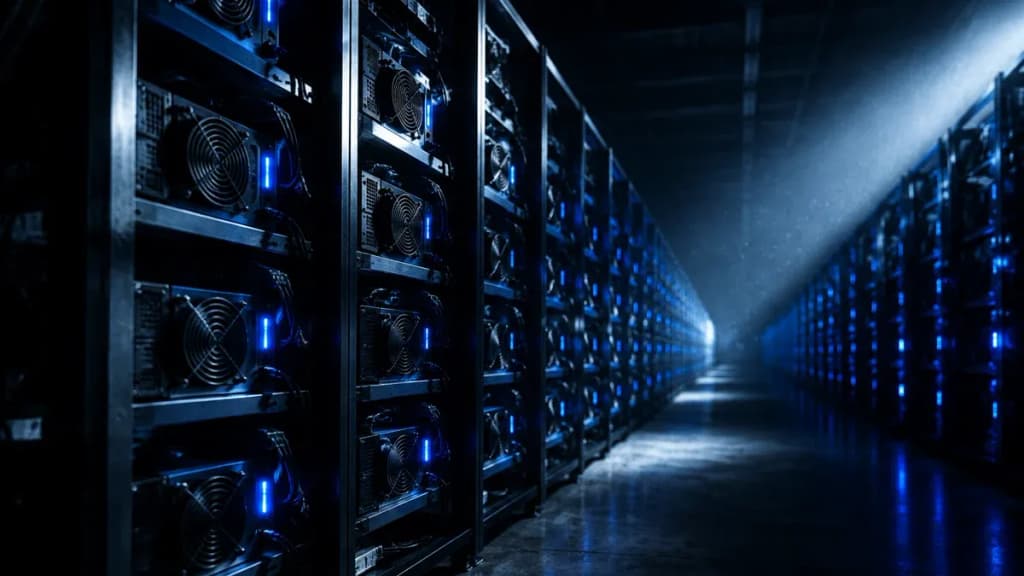 Reihen von Rechen-Racks in einer dunklen Mining-Halle, von schmalen blauen Statuslichtern beleuchtet