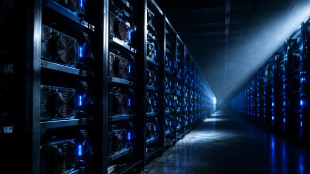 Reihen von Rechen-Racks in einer dunklen Mining-Halle, von schmalen blauen Statuslichtern beleuchtet
