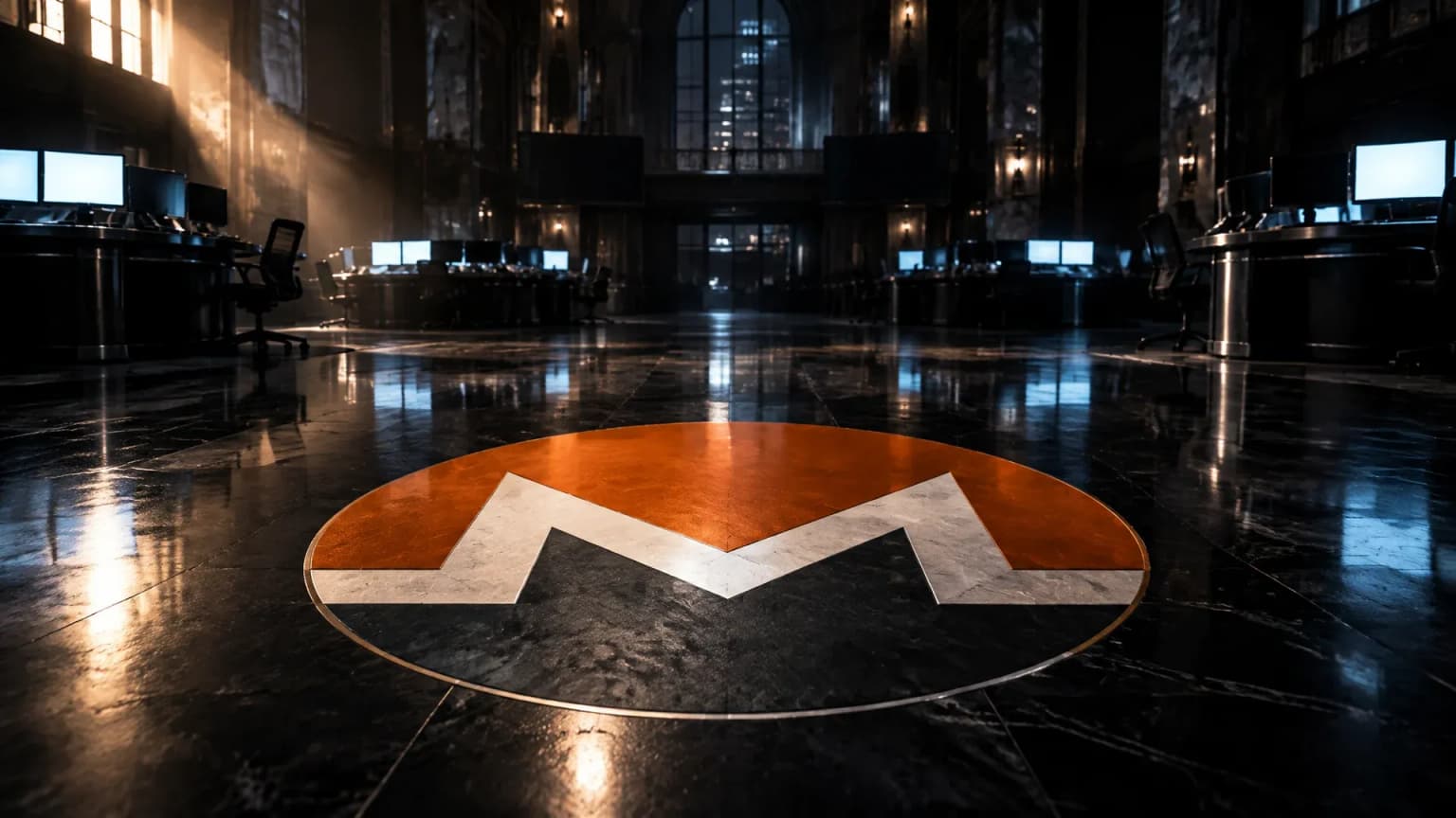 Große Bodenintarsie mit dem Monero-Zeichen aus Kupfer und hellem Stein im polierten Boden eines leeren nächtlichen Handelssaals