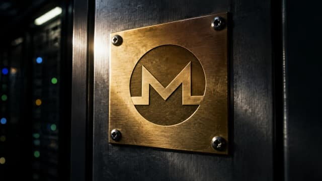 Gravierte Messingplatte mit dem Monero-Zeichen an der Stahltür eines nächtlichen Rechenzentrums