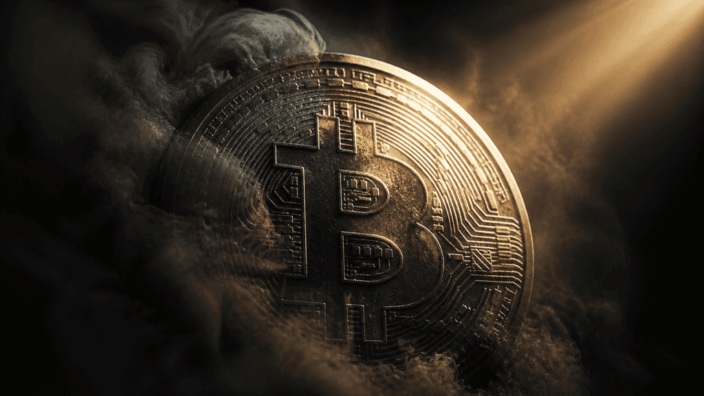 Makroaufnahme einer schweren Metallmünze mit eingeprägtem Bitcoin-Zeichen, halb von dunklem Nebel verhüllt, die in einen Lichtstrahl steigt