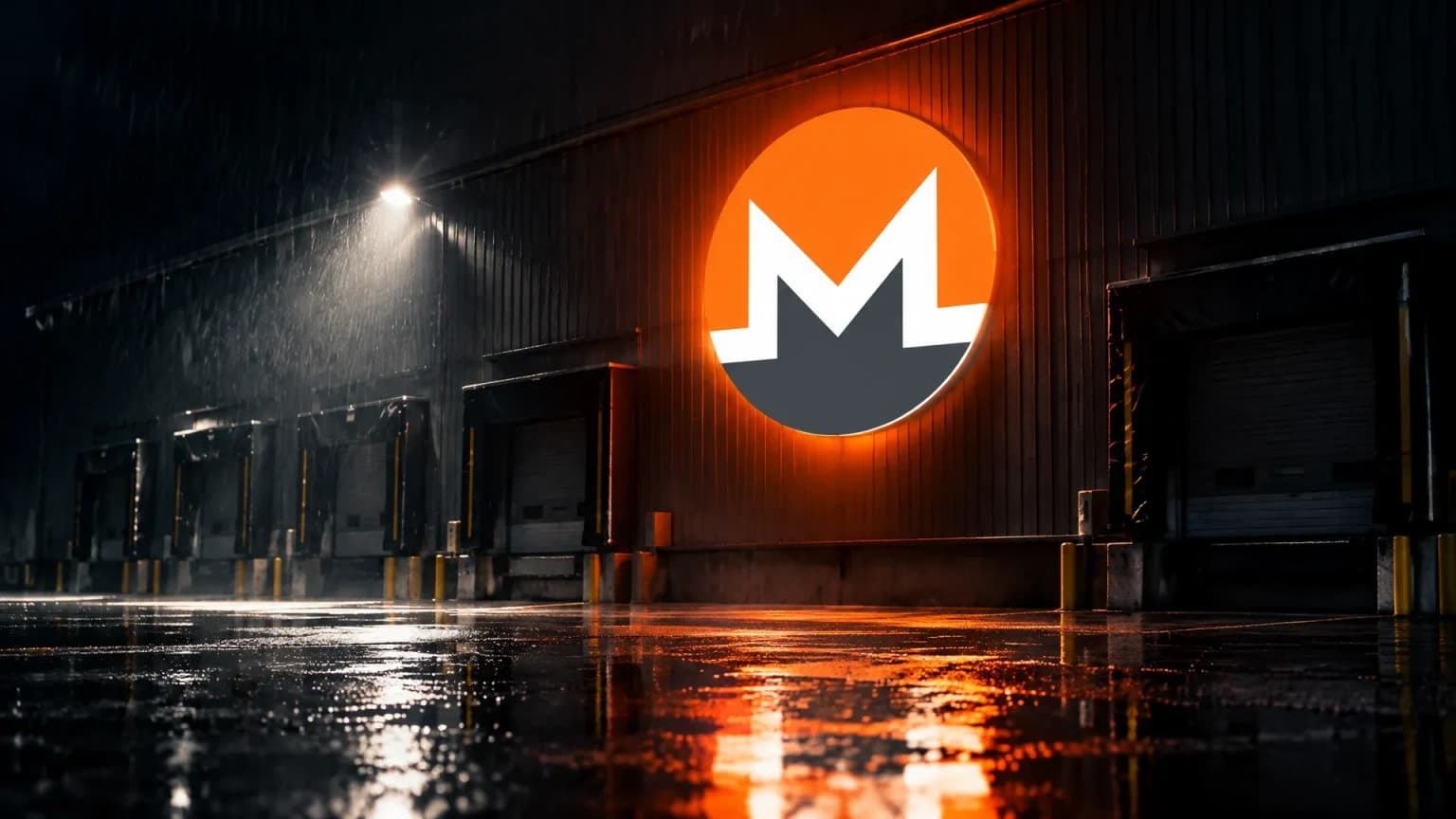 Großes Leuchtzeichen mit dem Monero-Zeichen an der Stirnwand eines nächtlichen Frachtterminals, davor nasse leere Verladerampen