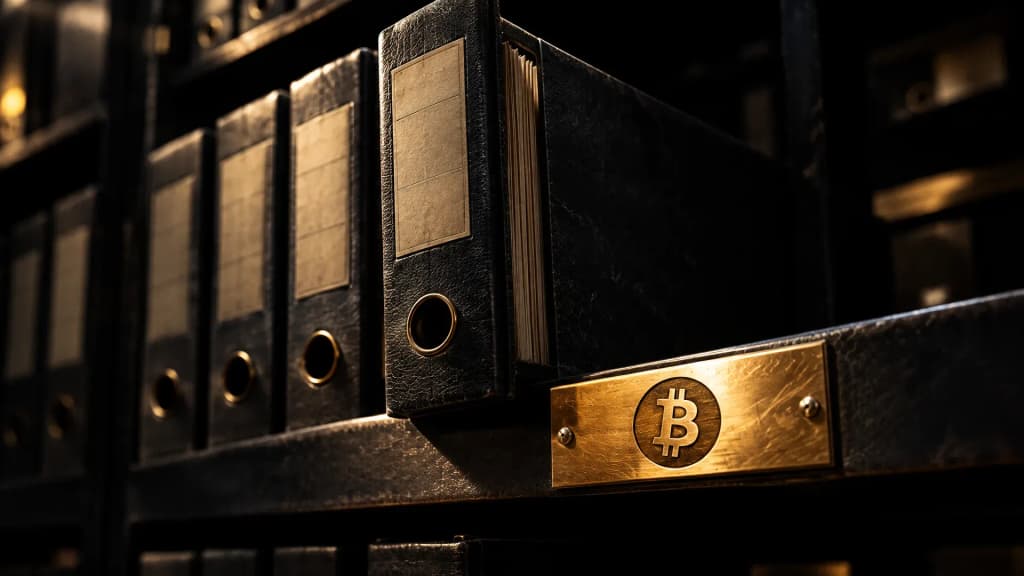 Reihe schwerer Archivordner in einem dunklen Aktenraum, ein Ordner halb herausgezogen, an der Regalkante ein Messingschild mit dem eingravierten Bitcoin-Zeichen