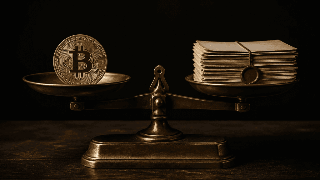 Messingfarbene Balkenwaage auf dunklem Tisch, links eine grosse Muenze mit eingepraegtem Bitcoin-Zeichen, rechts ein Stapel Regelwerk-Dokumente mit rotem Wachssiegel