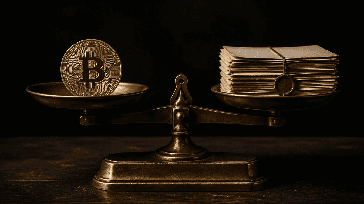 Messingfarbene Balkenwaage auf dunklem Tisch, links eine grosse Muenze mit eingepraegtem Bitcoin-Zeichen, rechts ein Stapel Regelwerk-Dokumente mit rotem Wachssiegel