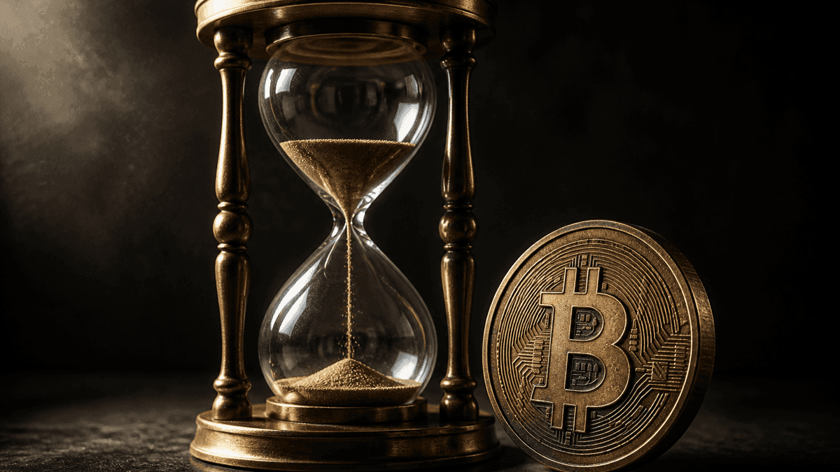 Antike Messing-Sanduhr mit rieselndem Sand neben einer schweren Metallmünze mit eingeprägtem Bitcoin-Symbol auf dunklem Steintisch