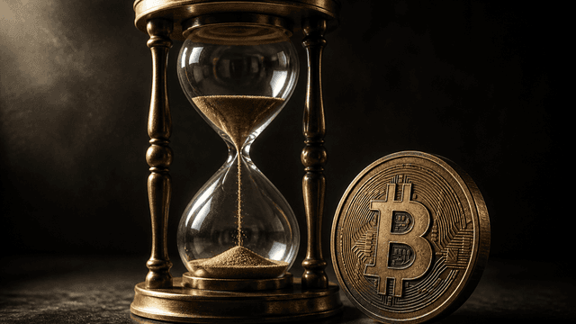 Antike Messing-Sanduhr mit rieselndem Sand neben einer schweren Metallmünze mit eingeprägtem Bitcoin-Symbol auf dunklem Steintisch