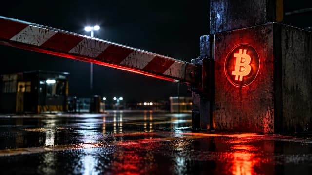 Sich senkende Stahlschranke vor einer leeren nächtlichen Abfertigungsrampe, im Betonpfeiler das Bitcoin-Zeichen als rot glühende Intarsie