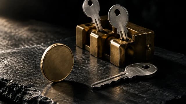 Drei gleich aussehende Metallschlüssel auf einer Schiefertafel, zwei davon stecken in einem Messingmechanismus, der dritte liegt unberührt daneben, davor eine geprägte Münze