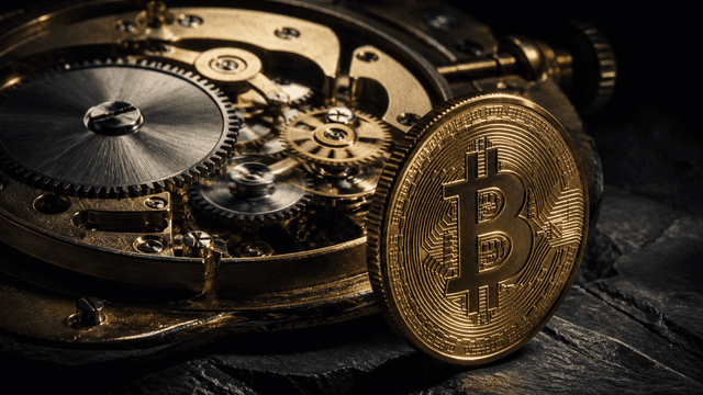 Aufgeklapptes Messing-Uhrwerk auf dunklem Schiefer: ein großes Zahnrad steht still, winzige Zahnräder daneben rasen in Bewegungsunschärfe, davor eine aufrecht stehende Münze mit Bitcoin-Zeichen