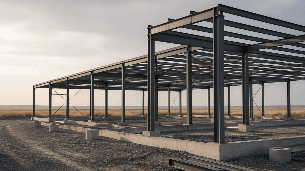 Unverkleidetes Stahlskelett einer weitläufigen Industriehalle auf Betonfundamenten in flacher Prärielandschaft bei tiefstehender Sonne