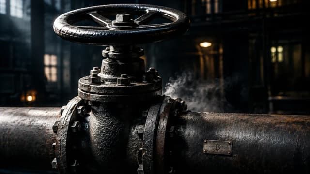 Zugedrehtes industrielles Absperrventil mit schwerem Handrad auf einer Stahlrohrleitung, nur noch ein feiner Dampfschleier entweicht am Flansch