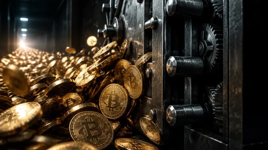 Schweres Stahl-Tresortor schwingt in einem dunklen Korridor zu und staut einen Strom physischer Bitcoin-Münzen davor auf