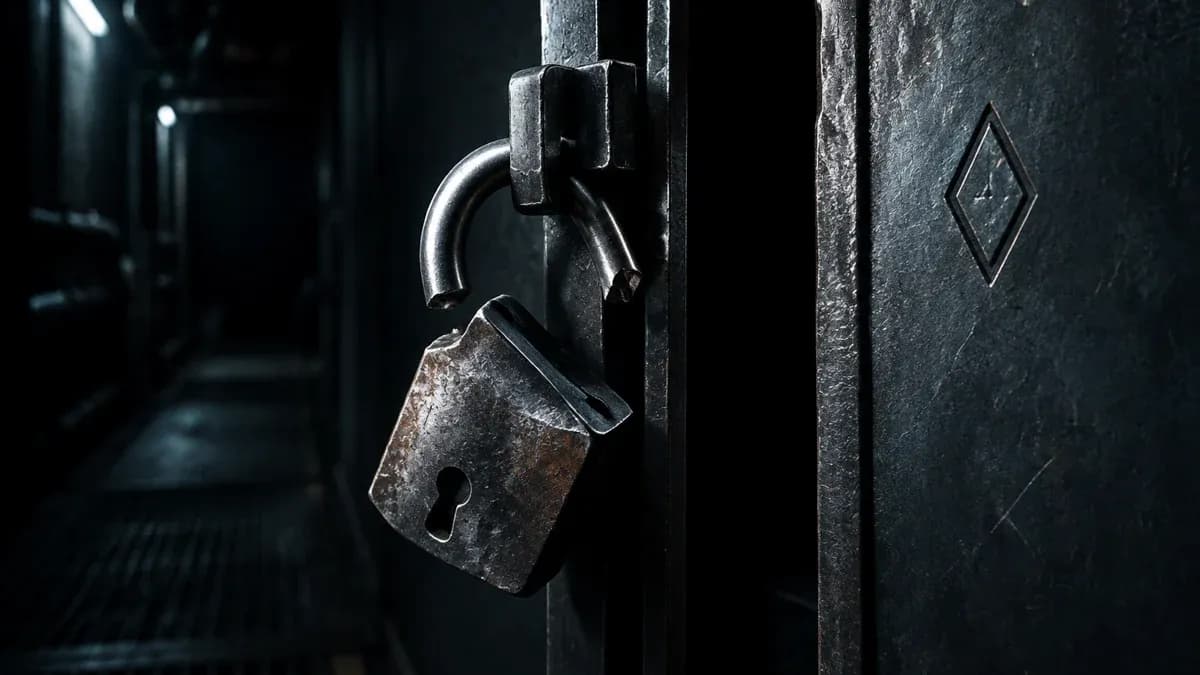 Aufgebrochenes Vorhangschloss an einer Stahltür in einem dunklen Technikgang, der Bügel ist durchtrennt, die Tür steht einen Spalt offen