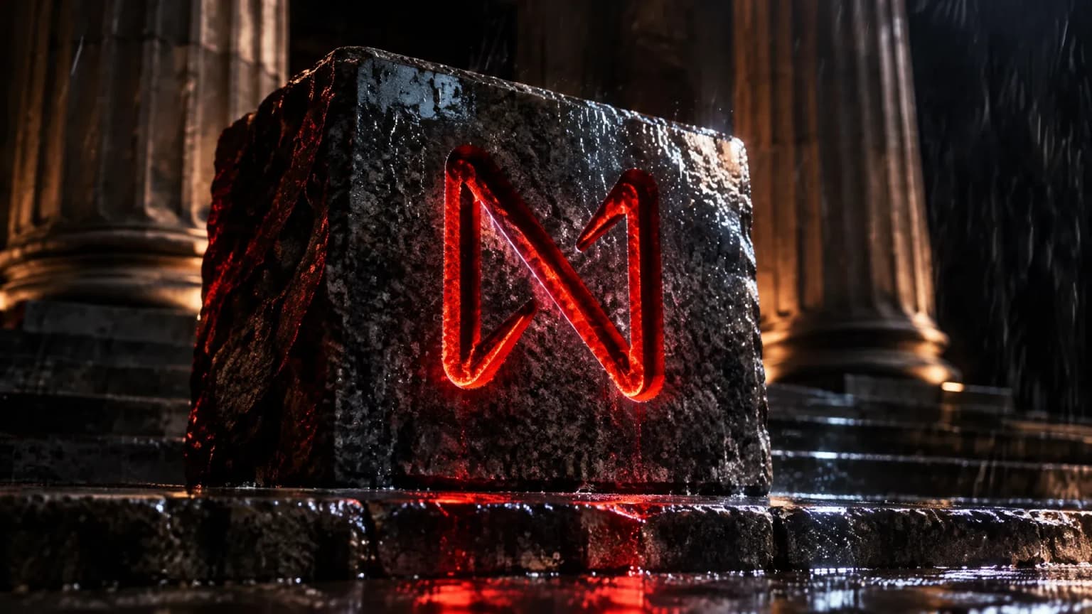 Deeply embedded, red-glowing NEAR symbol in a granite block on wet steps in front of a columned portico at night