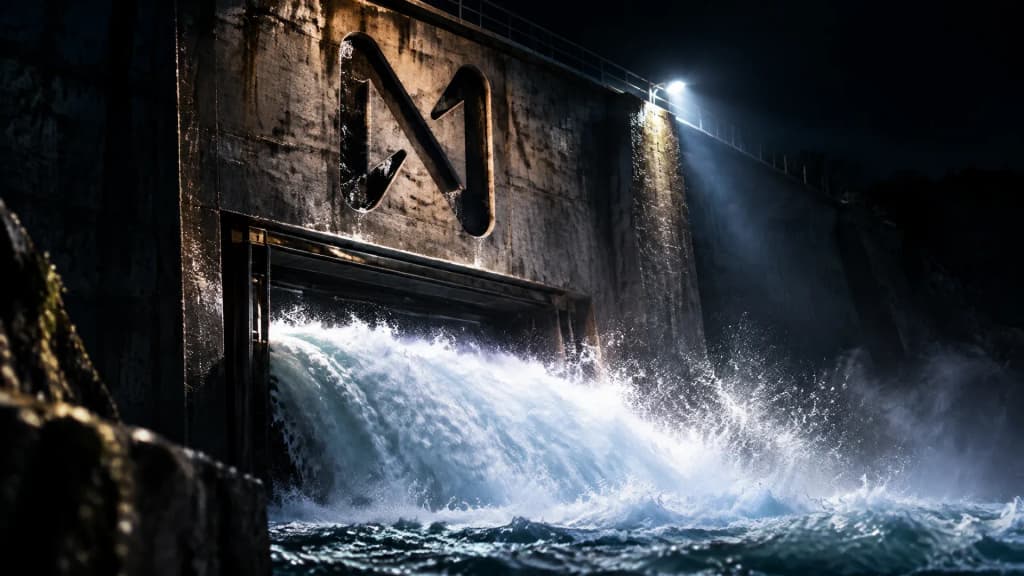 Wasser schießt nachts durch das geöffnete Schütz einer Betontalsperre in das Becken dahinter, über dem Durchlass ist das NEAR-Zeichen tief in den Beton eingelassen