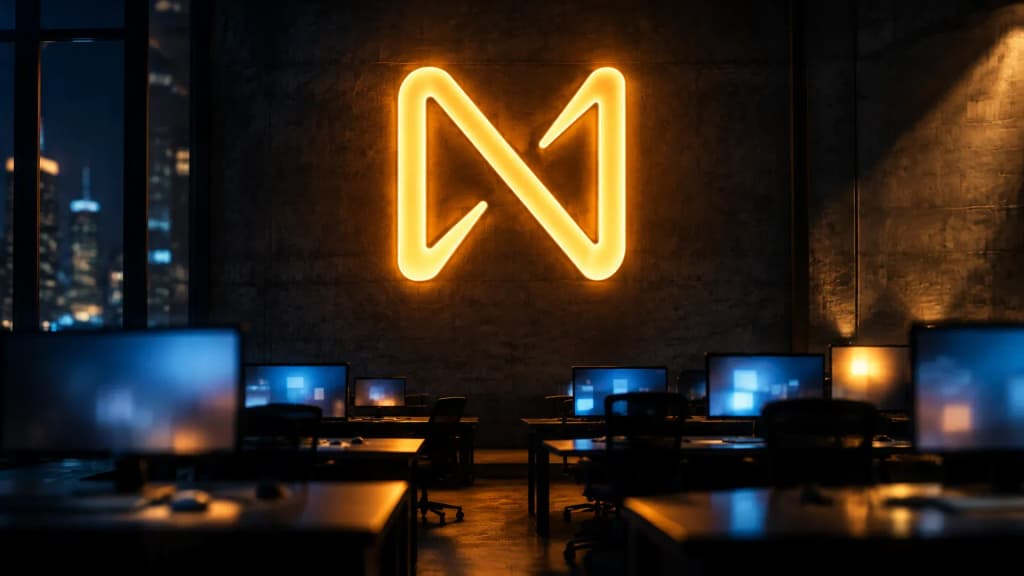 Warm leuchtendes Neonzeichen mit dem NEAR-Zeichen hoch an der Betonwand eines naechtlichen Handelssaals, darunter leere Arbeitsplaetze