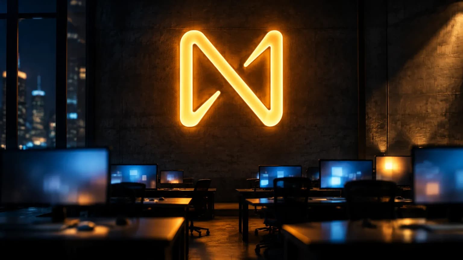 Warm leuchtendes Neonzeichen mit dem NEAR-Zeichen hoch an der Betonwand eines nächtlichen Handelssaals, darunter leere Arbeitsplätze