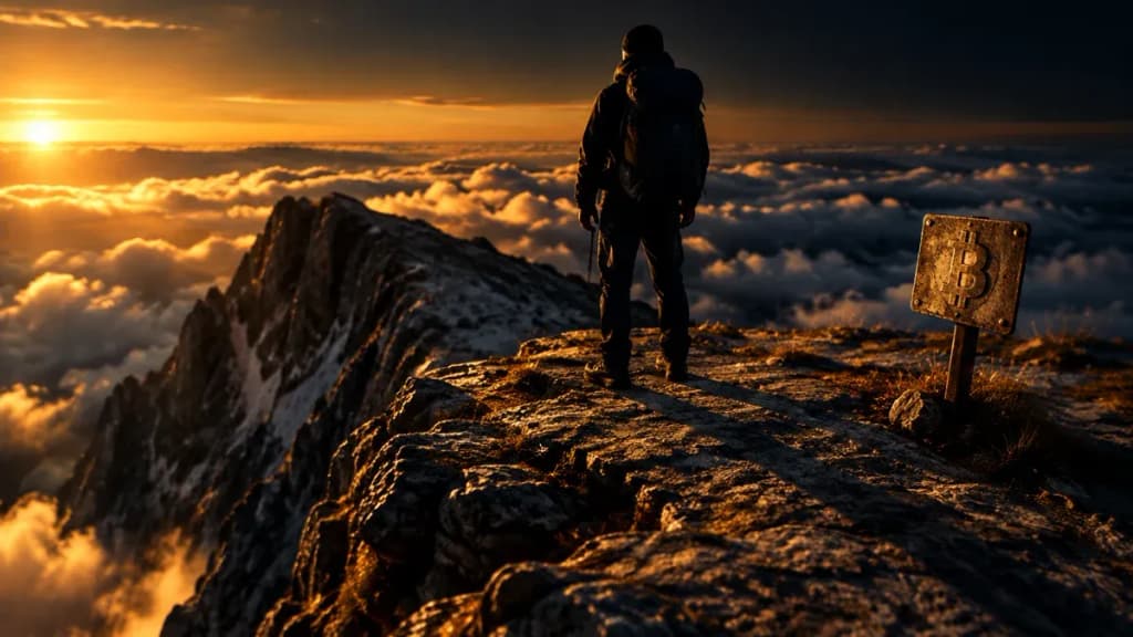 Silhouette eines Bergsteigers von hinten auf einem breiten flachen Hochplateau ueber der Wolkendecke, hinter ihm faellt ein steiler Grat ab, am Wegrand ein Metallschild mit eingepraegtem Bitcoin-Zeichen