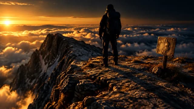 Silhouette eines Bergsteigers von hinten auf einem breiten flachen Hochplateau ueber der Wolkendecke, hinter ihm faellt ein steiler Grat ab, am Wegrand ein Metallschild mit eingepraegtem Bitcoin-Zeichen