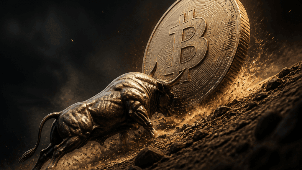 Bronzefarbener Bulle stemmt eine große Münze mit eingeprägtem Bitcoin-Zeichen nach oben