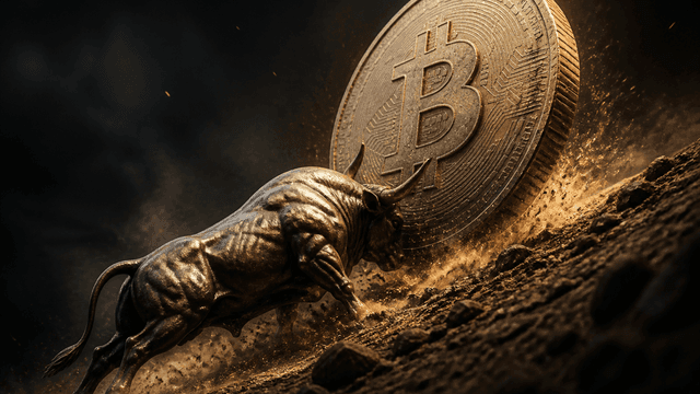 Bronzefarbener Bulle stemmt eine große Münze mit eingeprägtem Bitcoin-Zeichen nach oben
