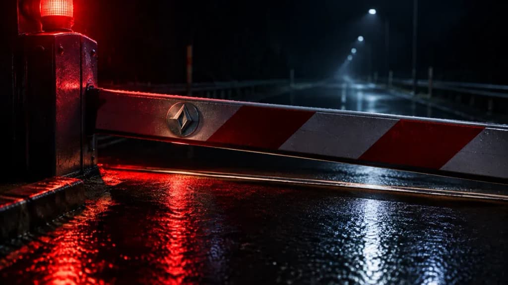 Schwere stählerne Schranke senkt sich bei Nacht über eine leere Zufahrt und ist fast geschlossen, rotes Warnlicht auf nassem Asphalt, im Schrankenarm eine Metallscheibe mit eingeprägtem rautenförmigem Symbol
