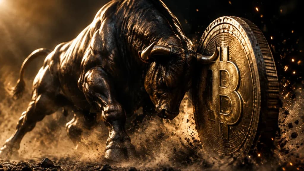 Bronzener Bulle stemmt eine große Münze mit eingeprägtem Bitcoin-Zeichen nach oben, Staub und Funken im Gegenlicht