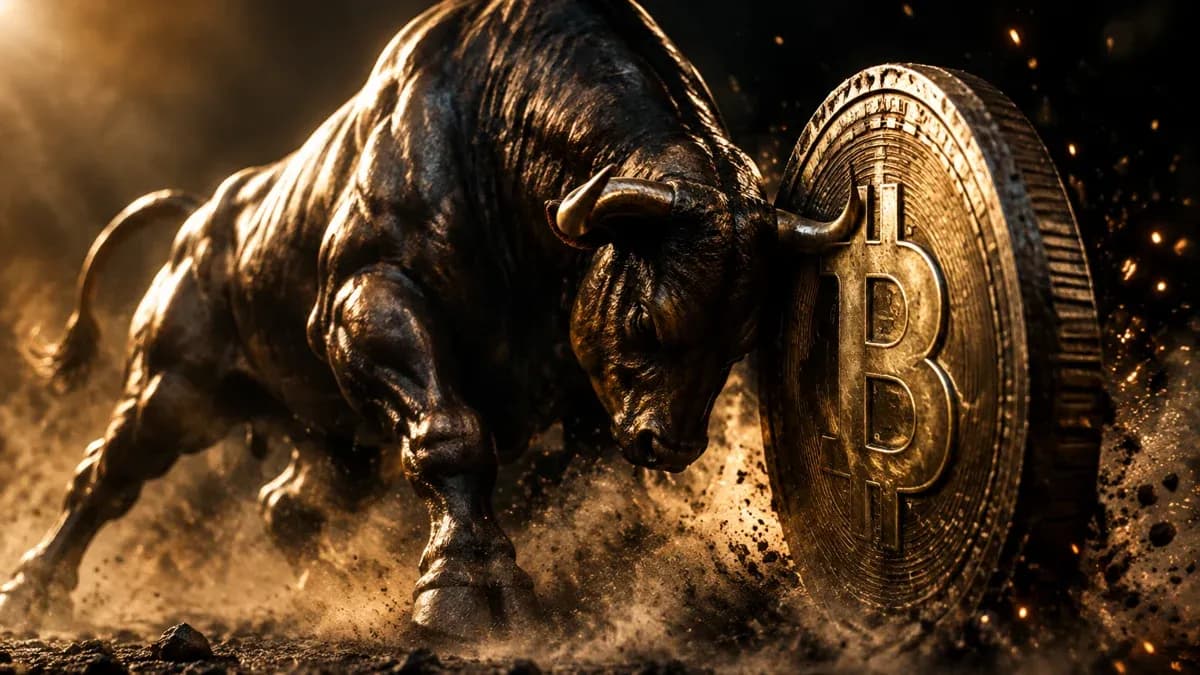 Bronzener Bulle stemmt eine große Münze mit eingeprägtem Bitcoin-Zeichen nach oben, Staub und Funken im Gegenlicht