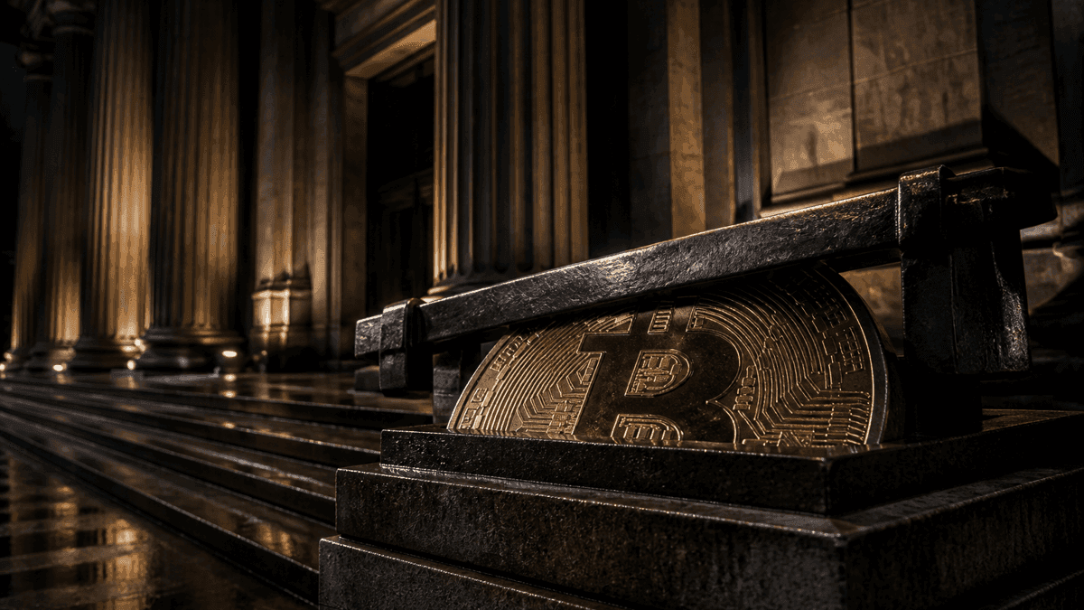 Bitcoin-Münze unter einem schweren Bronzeriegel vor dem Säulenportal einer Finanzaufsichtsbehörde bei Nacht