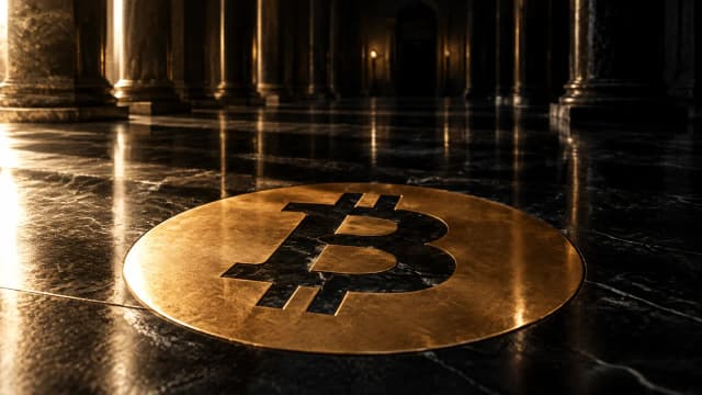 Messing-Intarsie mit dem Bitcoin-Zeichen im polierten Steinboden einer leeren Säulenhalle bei Nacht