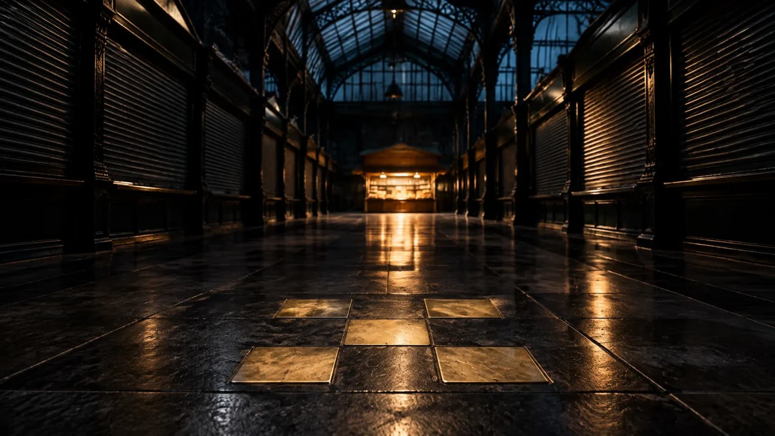Halle de marche nocturne vide aux rideaux metalliques baisses, un seul etal eclaire, le symbole OKB en incrustation de laiton dans le sol de pierre