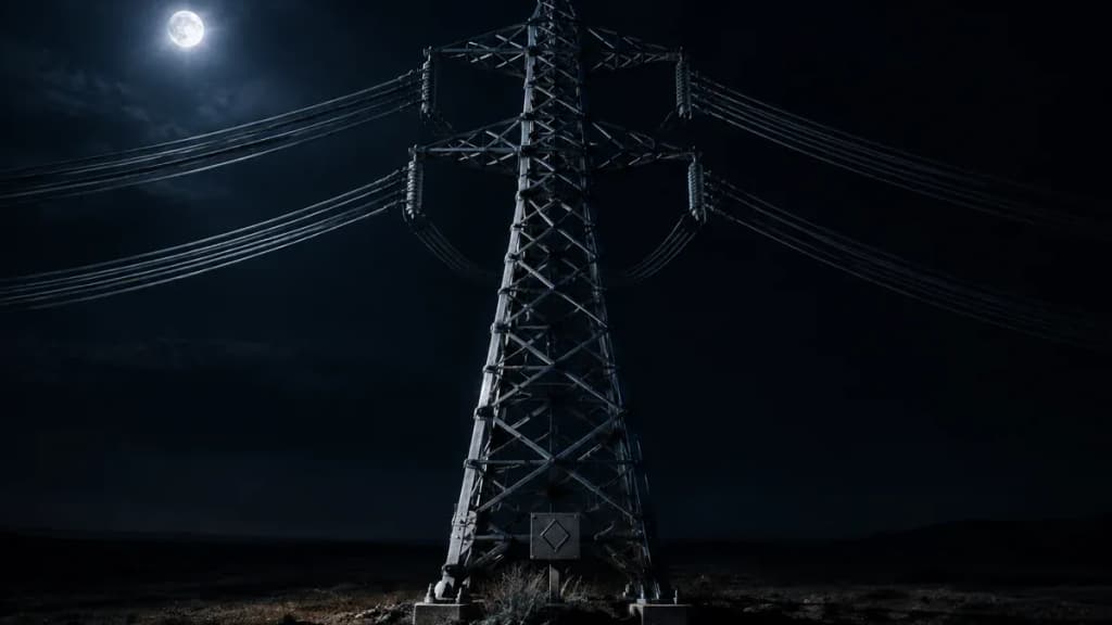 Hochspannungsmast aus Stahlgitter bei Nacht, der allein ein dichtes Leitungsbündel über eine dunkle Ebene trägt, am Fuß ein Metallschild mit eingravierter Raute