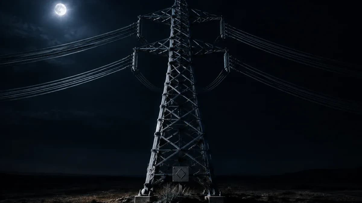 Hochspannungsmast aus Stahlgitter bei Nacht, der allein ein dichtes Leitungsbündel über eine dunkle Ebene trägt, am Fuß ein Metallschild mit eingravierter Raute